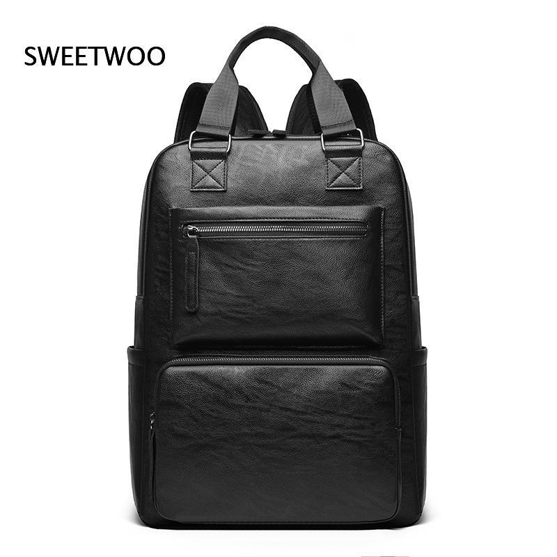 Leather Work Rucksack Mens - กระเป๋าเป้สะพายหลังสำหรับผู้ชาย ทำจากหนังเทียม พร้อมหูจับคู่ ช่องซิปหลายช่อง ความจุขนาดใหญ่ เหมาะสำหรับการทำงานและการเดินทาง